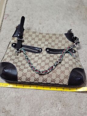 Gucci Beige GG Canvas Shoulder Bag with Brown Leather and Red-Green Chain